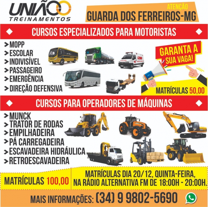 União treinamentos realiza hoje inscrições para cursos de máquinas pesadas e especializados em Guarda dos Ferreiros