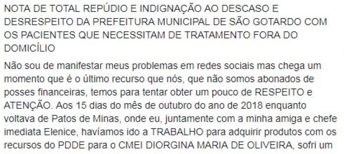 Denúncia: Paciente que depende do transporte para receber atendimento fora de São Gotardo reclama de atraso e falta de lugar em micro-ônibus