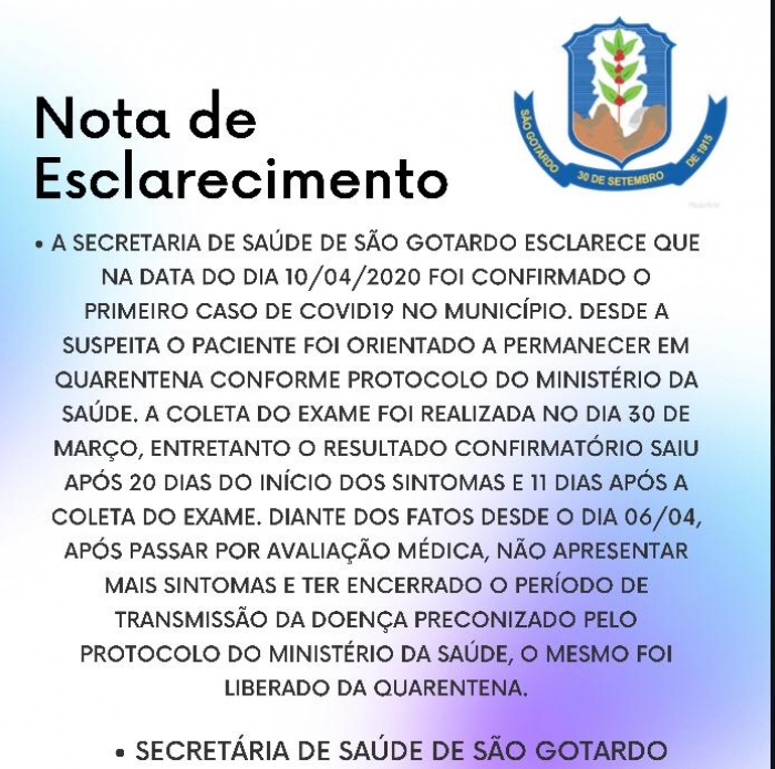 Nota de esclarecimento sobre caso de coronavírus em São Gotardo é divulgada pela Secretaria de Saúde