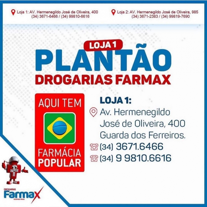 Drogaria Farmax 1 é a farmácia de plantão neste fim de semana em Guarda dos Ferreiros