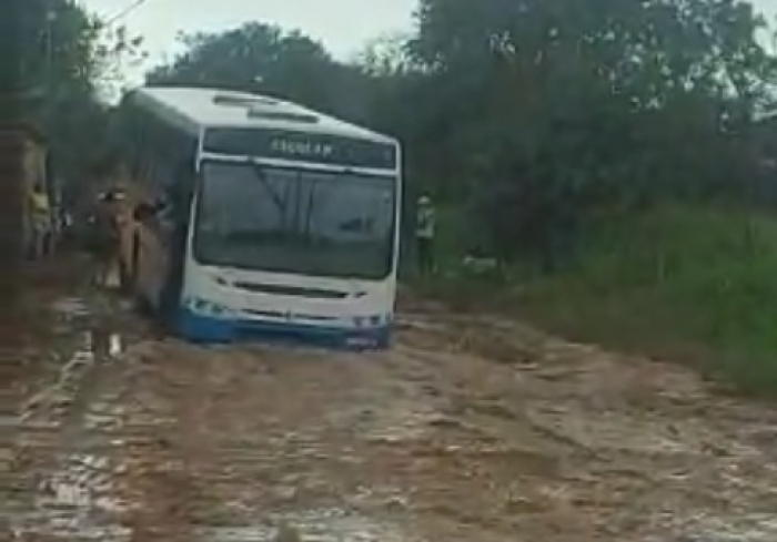 Ônibus escolar atola na Agrovila em São Gotardo e crianças são carregadas para outro veículo